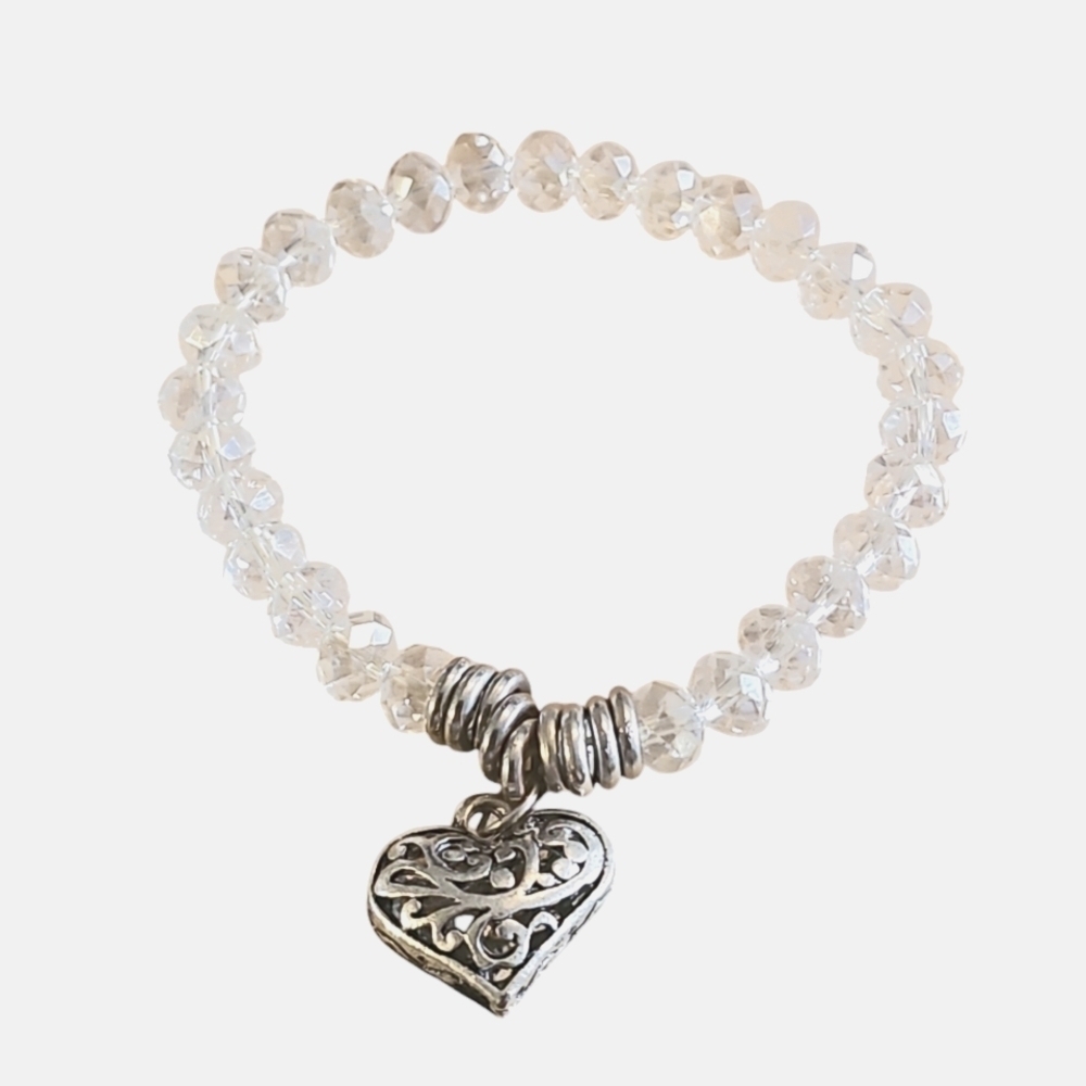 Rock Quartz Silver Heart Stretch Bracelet